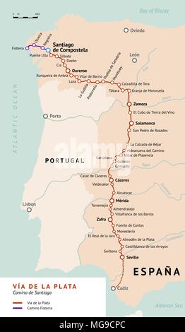 Vía de la Plata map. The Silver route. Camino De Santiago or The Way of St.James in Spain. Ancient pilgrimage path from south of Spain to the Santiago Stock Vector