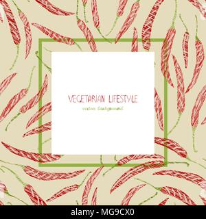 Red hot chili peppers. Scratched texture. Square frame. Copy space. Vegetarian background. Healthy lifestyle. Vegan banner concept. Can be used as sea Stock Vector