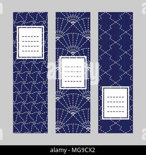 Sashiko banner set. Abstract texture. Traditional Japanese Embroidery Ornament. Set of vertical flyers. Indigo and white colors. Simple design for inv Stock Vector