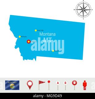 Montana Vector Map Isolated on White Background. High Detailed Silhouette of Montana State. Vector Flag of Montana. 3D Map Markers or Pointers, Naviga Stock Vector