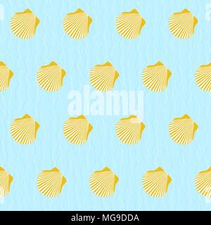 Camino de Santiago sign. Yellow scallop shells on the blue background. Seamless pattern. Pilgrims navigation sign. Symbol of the Camino de Santiago in Stock Vector