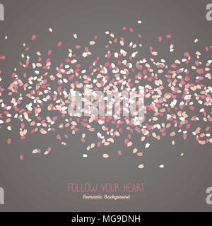 Simple romantic frame for text. Sakura petals. Spring flyer. Blooming cherry blossom petals. Hanami. Japanese Culture. Scatter. Dark warm colors. Foll Stock Vector