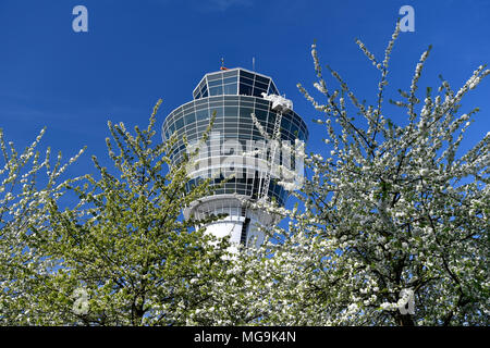 Tower, Trees, Cherry blossoms, blossom, flourish, spring, Airport, Building, Nature, Aircraft, Airplane, Plane, Airport Munich, MUC, Germany, Stock Photo