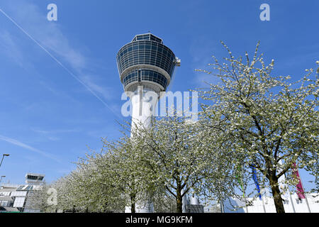 Tower, Trees, Cherry blossoms, blossom, flourish, spring, Airport, Building, Nature, Aircraft, Airplane, Plane, Airport Munich, MUC, Germany, Stock Photo
