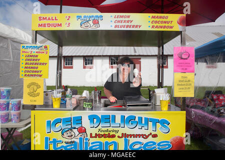 Portrait of a small business owner of an Italian ice food cart holding her product at a food festival Stock Photo