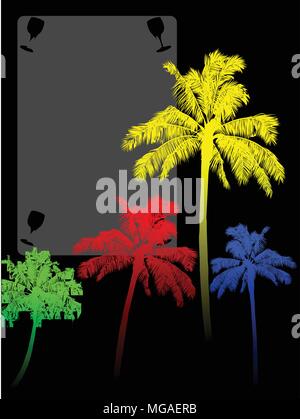 Red Yellow Blue and Green Palm Tree Silhouette Over Black Background with Copy Space Area with Cut Out Glasses Stock Vector