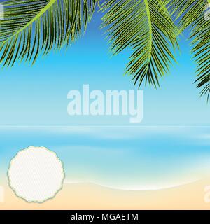 Tropical Summer Scene with Palm Tree Top Frame Blue Sky Sea and Copy Space Blank Circular Label Stock Vector