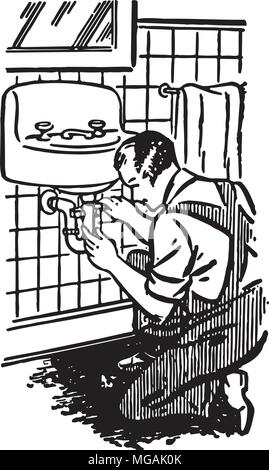 Plumber At Work - Retro Clipart Illustration Stock Vector