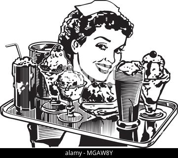 Retro Diner Waitress - Retro Clipart Illustration Stock Vector