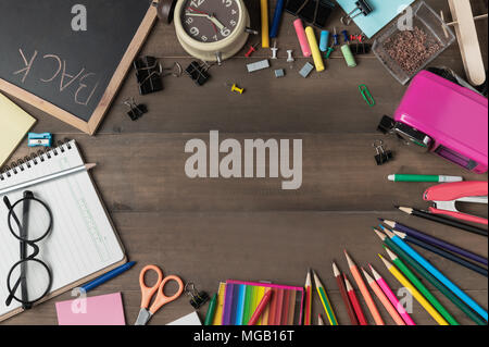 school supplies and stationery on wood background, Back to school and education concept Stock Photo