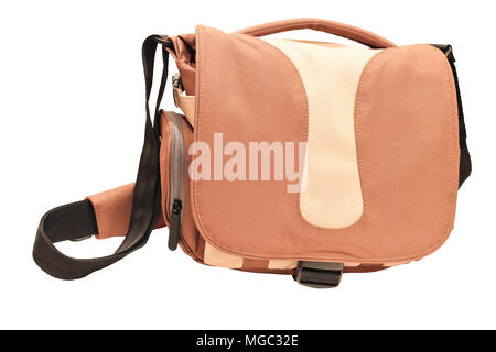 Cloth bag beige with black strap for carrying on shoulder isolated on white background. Stock Photo