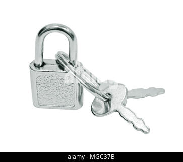 Metal suitcase padlock with keys on a ring isolated on white background. Stock Photo
