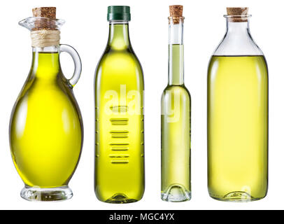 Four different bottles of olive oil on white background. File contains clipping path. Stock Photo