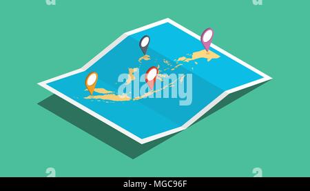 explore indonesia nation with maps pin tag location with isometric 3d style Stock Vector