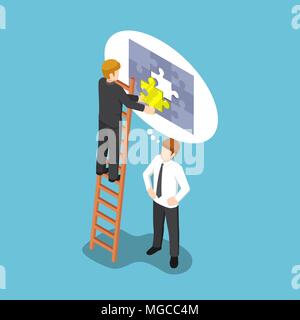 Flat 3d isometric businessman assembling last piece of jigsaw puzzle. Teamwork and  business solution concept. Stock Vector