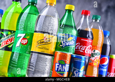 Poznan, Poland - Apr 6, 2018: Bottles Of Global Soft Drink Brands 