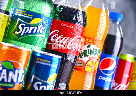 POZNAN, POLAND - APR 6, 2018: Bottles of global soft drink brands ...