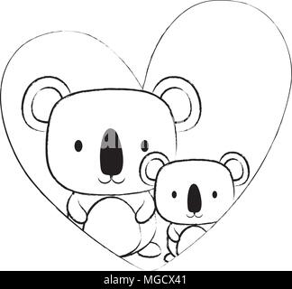 sketch of heart with cute koalas over white background, vector illustration Stock Vector