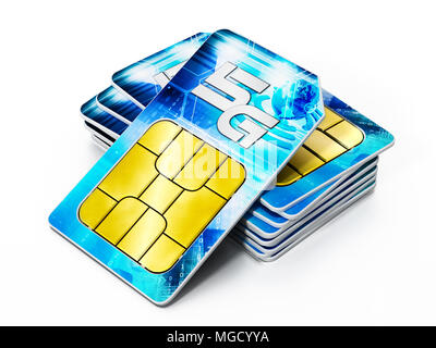 5G SIM cards isolated on white background. 3D illustration. Stock Photo