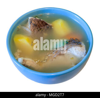 Bowl of fish soup isolated on white background. Stock Photo