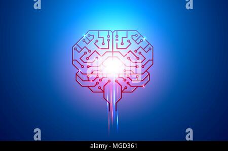 artificial intelligence, brain, printed circuit Board, PCB, conductors, pads, and neural signals on a blue background Stock Vector