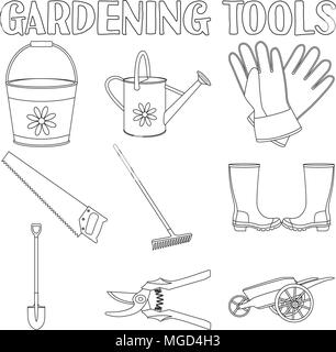 Black and white garden icon set 9 elements. Coloring book page for adults and kids. Gardening tool vector illustration for gift card certificate stick Stock Vector