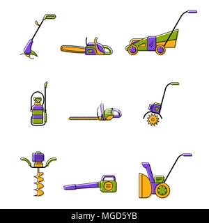Badges of gardening power tools isolated on white. Technique for garden and lawn care Badges of gardening power tools isolated on white. Technique for garden and lawn care