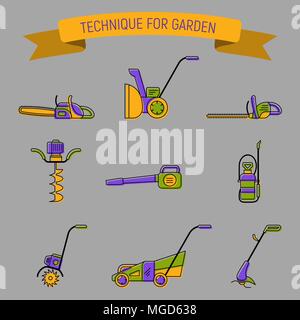 Badges of gardening power tools. Technique for garden and lawn care Stock Vector