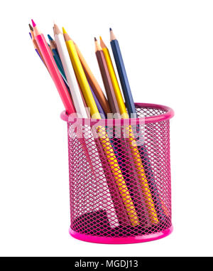 color pencils in the red metal grid container isolated on white with clipping path. Stock Photo