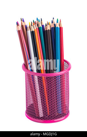 color pencils in the red metal grid container isolated on white with clipping path. Stock Photo