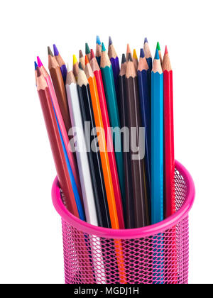 color pencils in the red metal grid container isolated on white with clipping path. Stock Photo