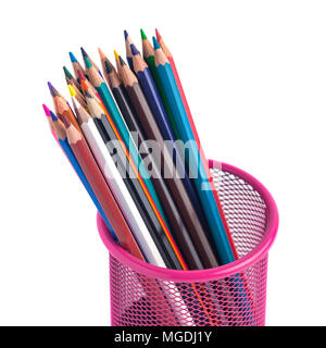 color pencils in the red metal grid container isolated on white with clipping path. Stock Photo