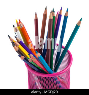 color pencils in the red metal grid container isolated on white with clipping path. Stock Photo
