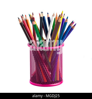 color pencils in the red metal grid container isolated on white with clipping path. Stock Photo