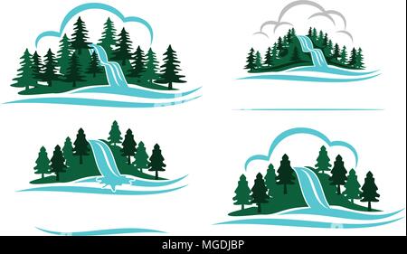Mountain Waterfall Template Set Stock Vector