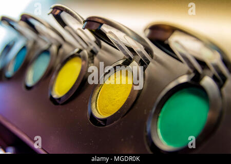 Closeup of colorful makeup cosmetic eyeshadow palette. Stock Photo