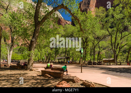People waiting for the shuttle bus in Zion National Park, Utah, USA Stock Photo