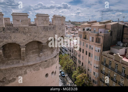 View from Torres De Quart (Quart Towers), part of the former old city walls, Guillem de Castro, Barrio Del Carmen district, Valencia, Spain Stock Photo