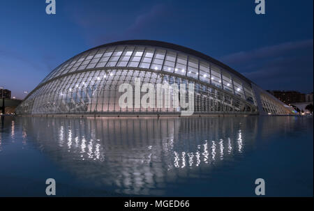 L'Hemisferic building at night, part of the modern architecture seen at City of Arts and Sciences, Valencia, Spain Stock Photo