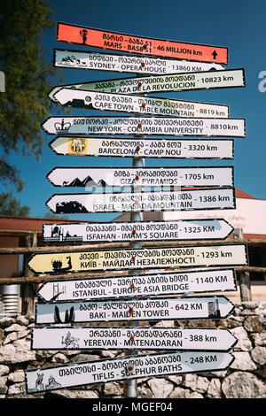 Kutaisi, Georgia. Road Sign Of Directions Near Khumistavi Or Prometheus Cave. Stock Photo