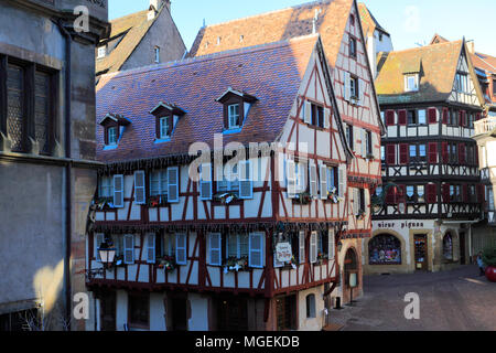 Shops and colorful façades of timber framed houses, Colmar town, Alsatian wine area, Alsace, France, Europe Stock Photo