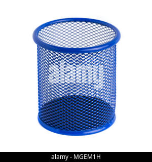 Blue basket for pens and pencils on the white background. Stock Photo
