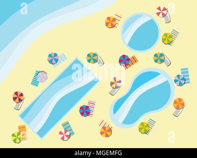 Swimming pool, top view. Sunbeds and umbrellas from the sun, rest at the pool. Vector illustration Stock Vector