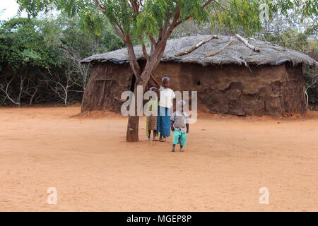 Smiling African children portrayed under a tree in a small African village Stock Photo