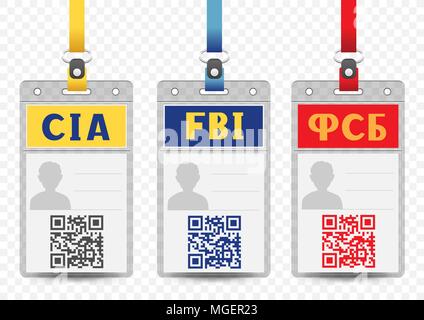 Security Service vertical badge empty template with blue yellow and red title QR code and lanyard on transparent background. Identification agent FBI  Stock Vector