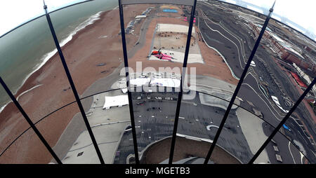 Mila Brazzi abseiling from the British Airways i360 in Brighton during the iDrop charity abseil to raise money for Rockinghorse, the fundraising arm of the Royal Alexandra Children's Hospital. Stock Photo