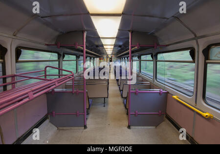 Interior of Northern rail class 142 pacer train  142035 showing the original bus seats while working the  0733 Preston - Ormskirk on 14 April 2017 Stock Photo