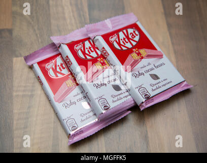 Pink Kit Kat goes on sale in the UK which will be exclusively sold at Tesco stores only. Stock Photo