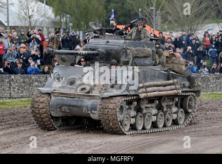 Sherman tank. An M4A2(76) HVSS Sherman tank that was used in the film 'Fury' at Bovington Tank Museum, Dorset. Credit: Finnbarr Webster/Alamy Live News Stock Photo