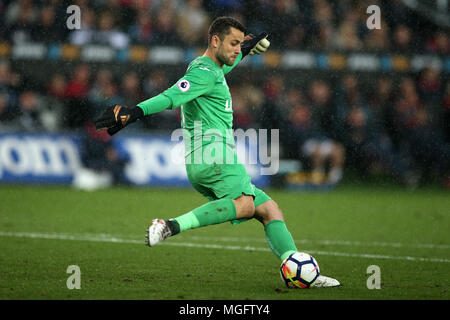 Swansea, UK. . 28th Apr, 2018. Swansea city goalkeeper Lukasz Fabianski in action. Premier League match, Swansea city v Chelsea at the Liberty Stadium in Swansea, South Wales on Saturday 28th April 2018.  this image may only be used for Editorial purposes. Editorial use only, license required for commercial use. No use in betting, games or a single club/league/player publications. pic by Andrew Orchard/Andrew Orchard sports photography/Alamy Live news Credit: Andrew Orchard sports photography/Alamy Live News Stock Photo